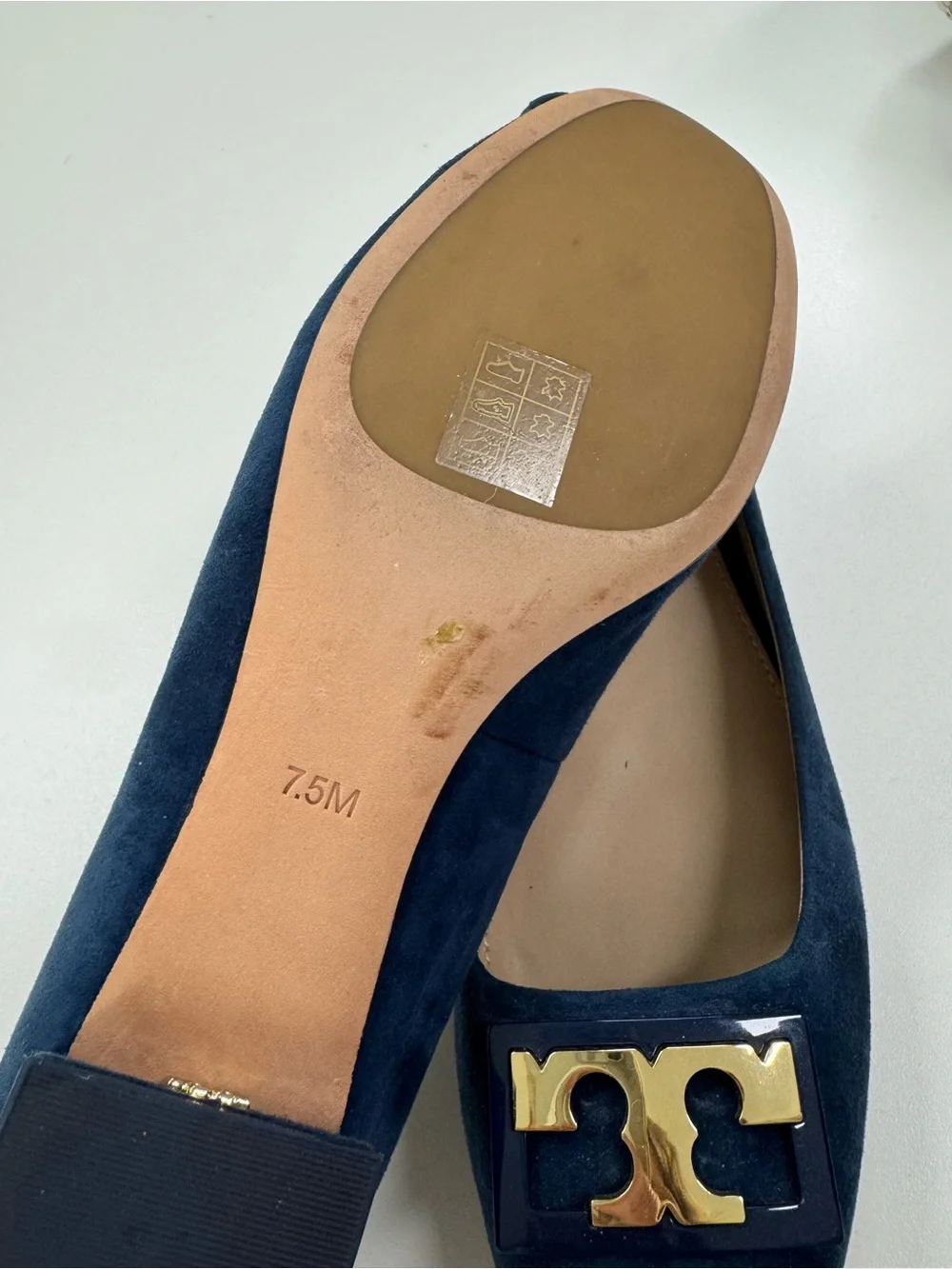 Tory Burch Navy Suede Low Block Heel Pumps with Gold Logo